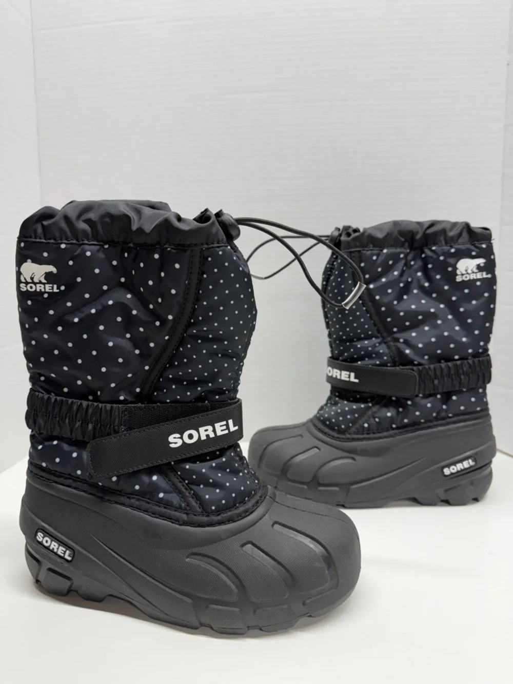 Sorel Flurry Snow Winter Boots Polka Dot Black White Youth Kids Girls Size 2